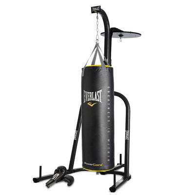 Everlast 2 Station Bag Stand, Powercore 100lb Hanging Bag, & 16 Oz Boxing Gloves