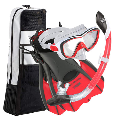 U.S. Divers Diva Women Snorkeling Mask, Snorkel, Fins, and Bag, Red (Open Box)