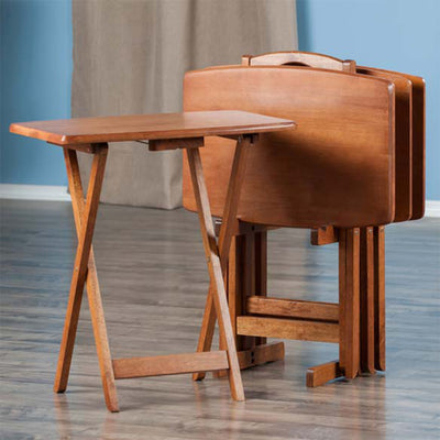 Winsome Dylan Wood 5 Piece Over Sized Folding TV Tray Table Set & Stand, Teak