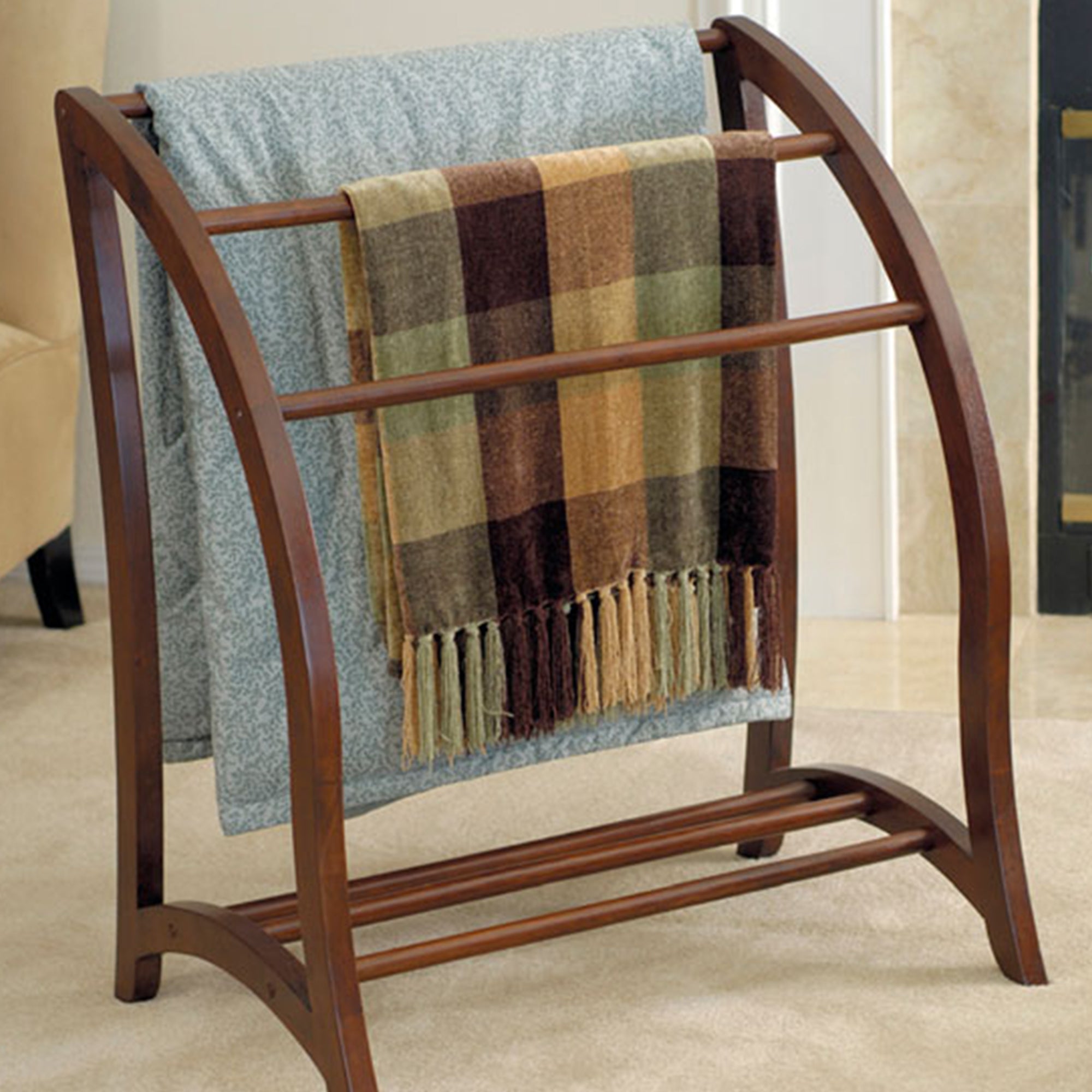 Winsome 36 Inch Tall Wooden Betsy 3 Rod Blanket Storage Organizer Rack, Walnut