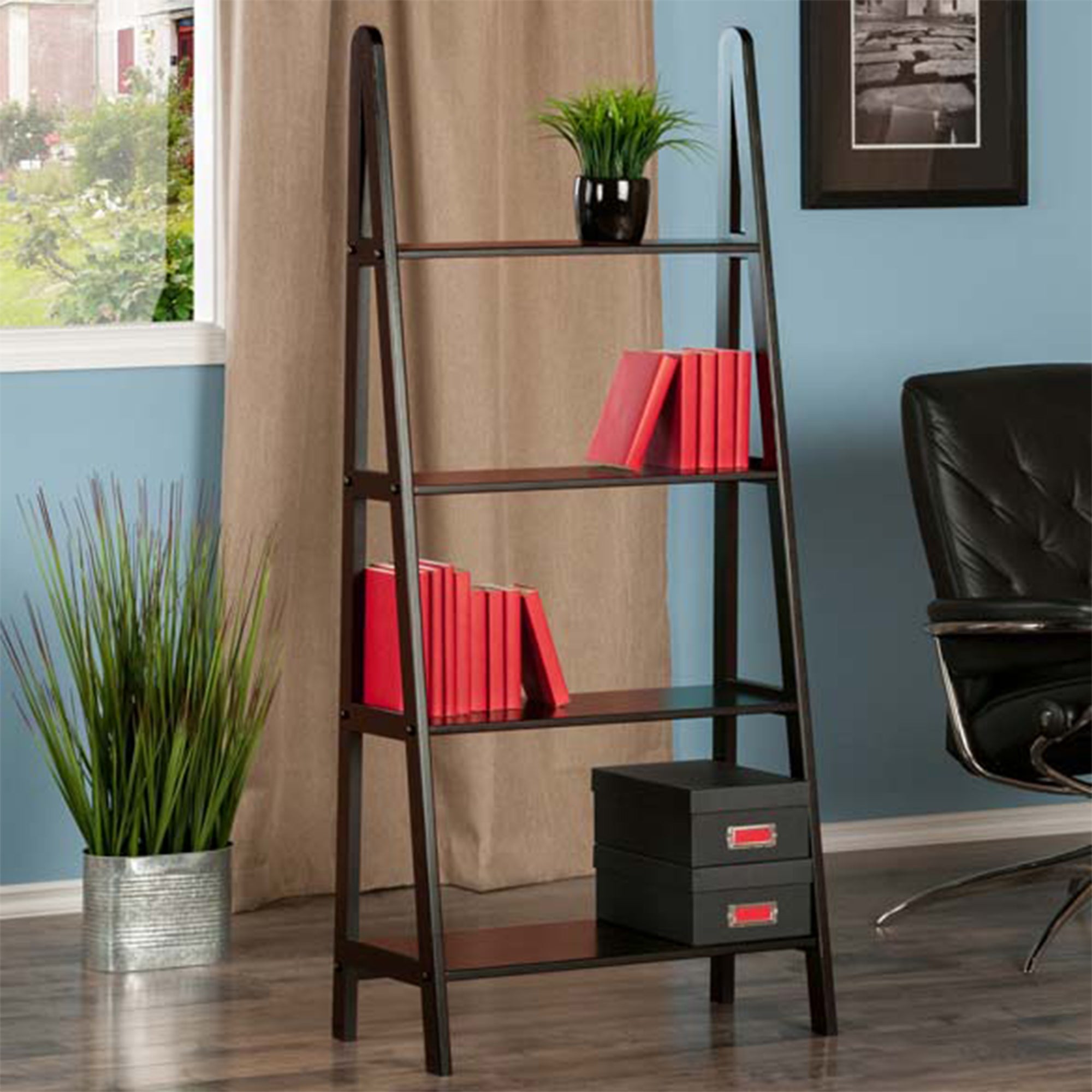 Winsome 92428 Avalon 4 Tier Modern Beechwood A-Frame Book Shelf, Dark Espresso