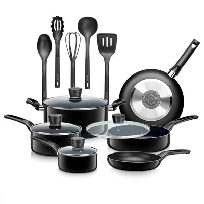 SereneLife 15Pc Pots & Pans Non Stick Chef Kitchenware Cookware Set, Black(Used)