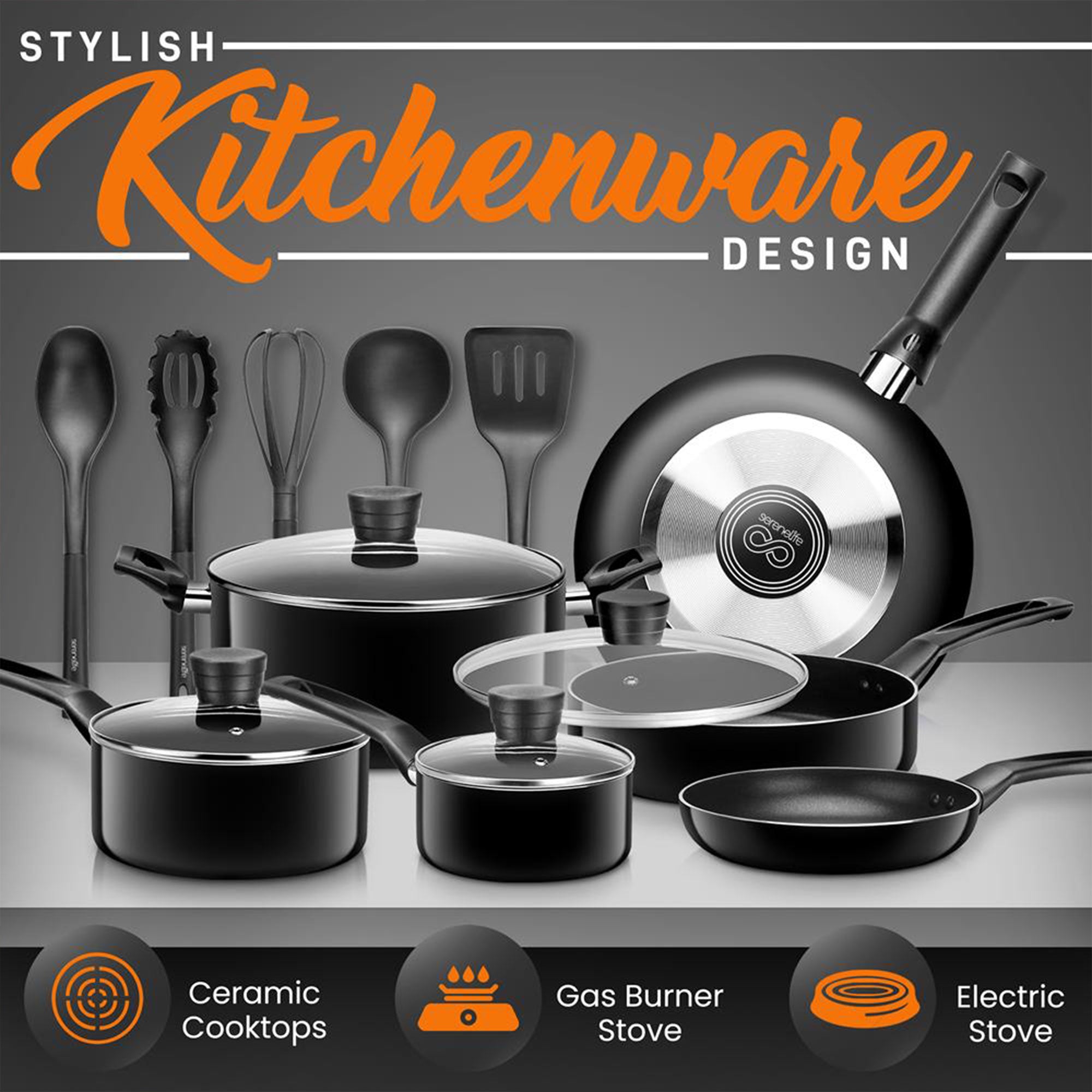 SereneLife 15 Piece Pots and Pans Non Stick Chef Kitchenware Cookware Set, Black - VMInnovations