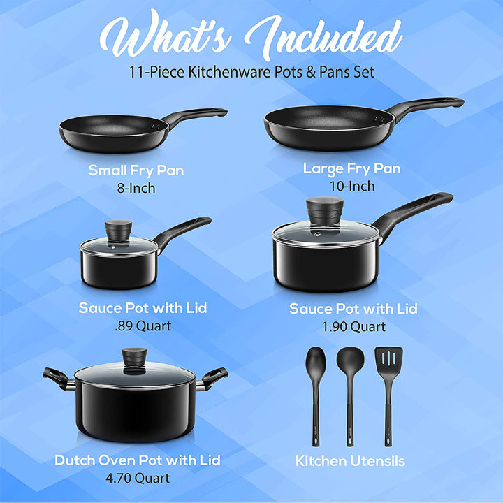 SereneLife Basic 11 Piece Non Stick Pots, Pans, and Utensil Set (Open Box)