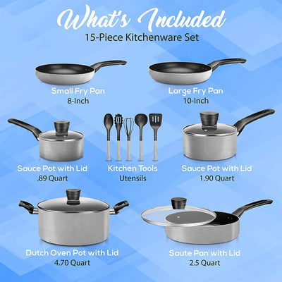 SereneLife 15 Pc Pots & Pans Home Non Stick Chef Kitchenware Cookware (Open Box)