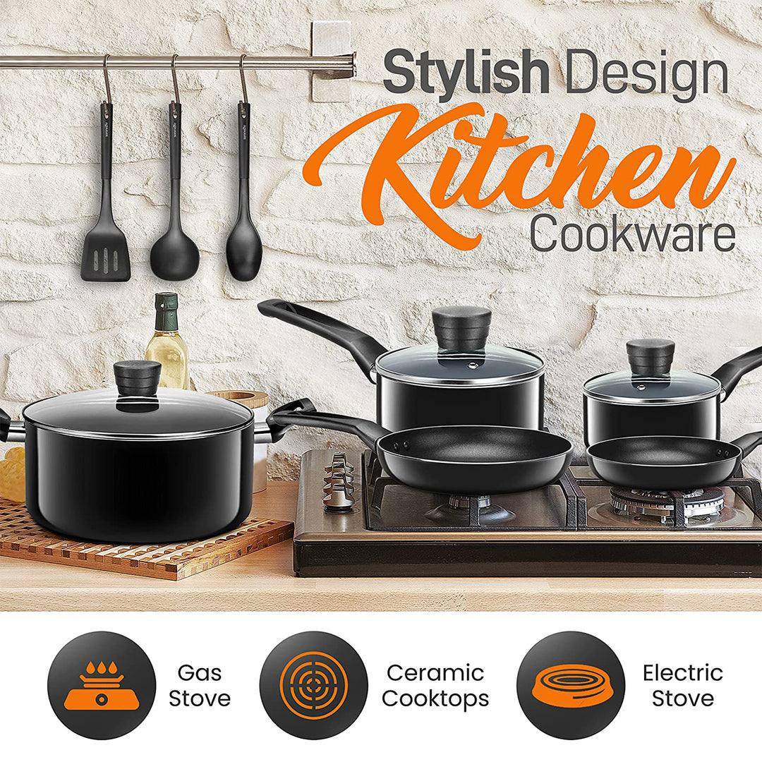 SereneLife Basic 11 Piece Non Stick Pots, Pans, and Utensil Set (Open Box)