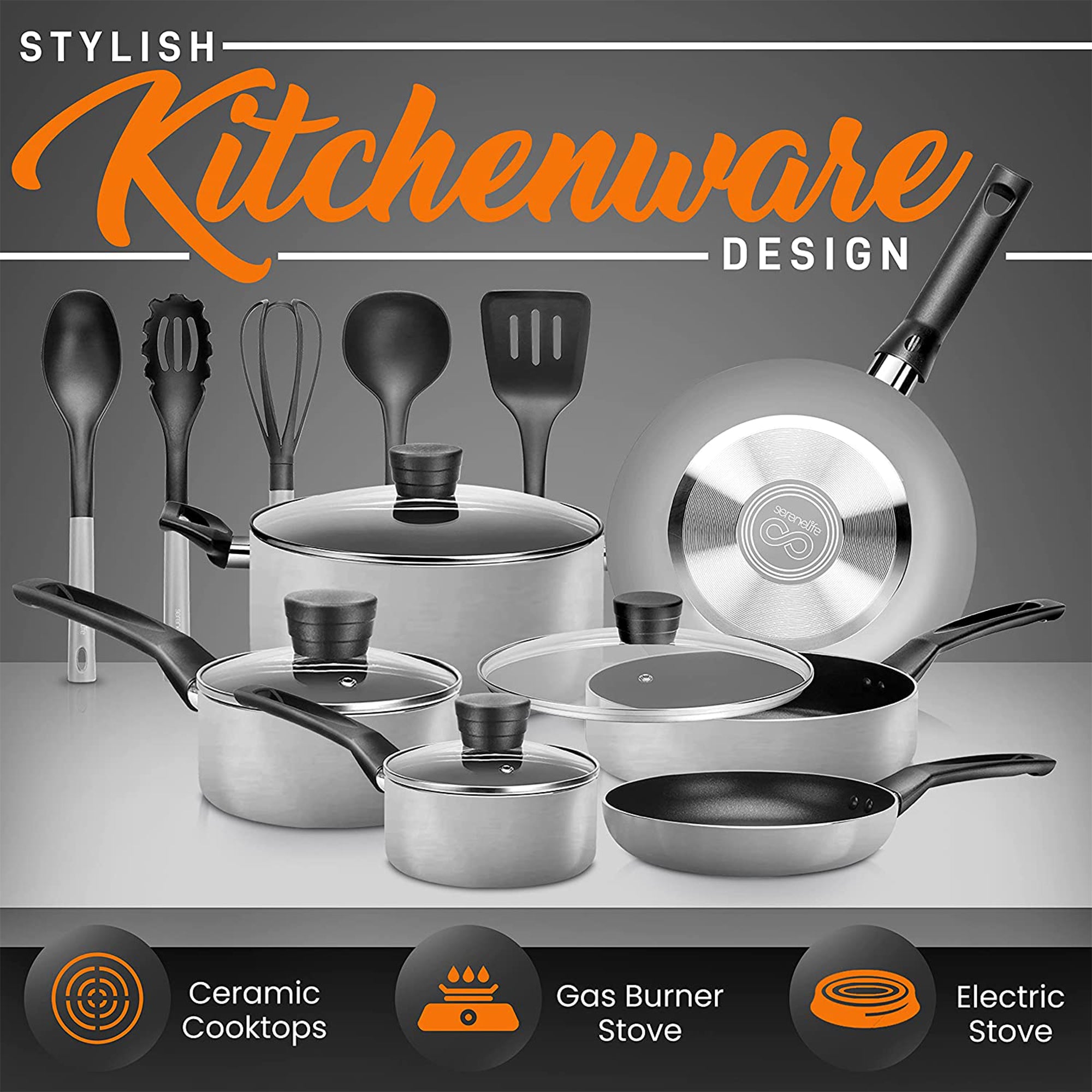 SereneLife 15 Pc Pots & Pans Home Non Stick Chef Kitchenware Cookware (Open Box)