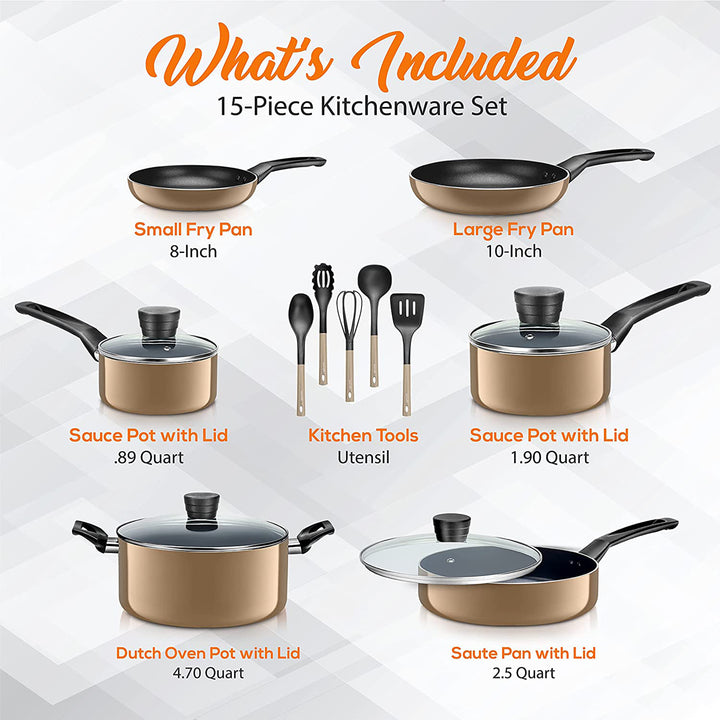 SereneLife 15 Piece Pots and Pans Home Non Stick Chef Kitchenware Cookware Set