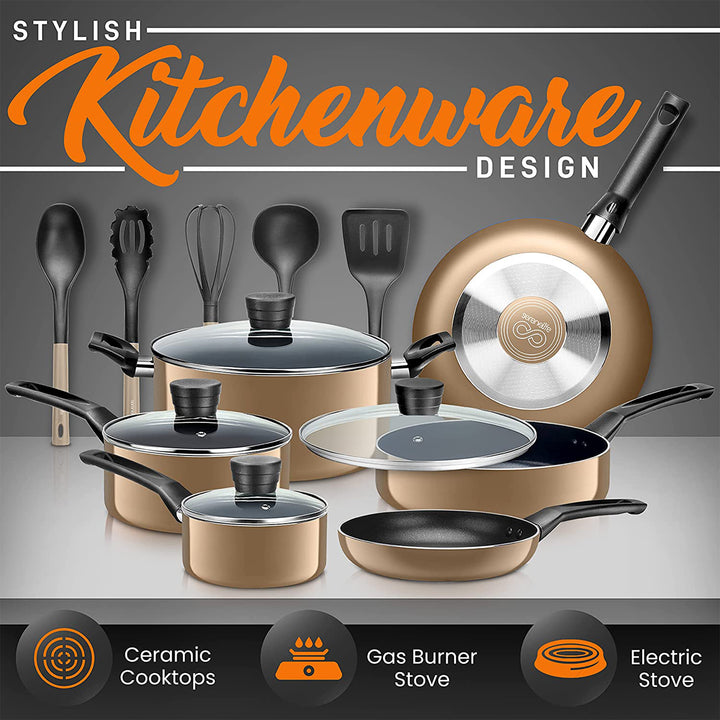 SereneLife 15 Piece Pots and Pans Home Non Stick Cookware Set (Open Box)