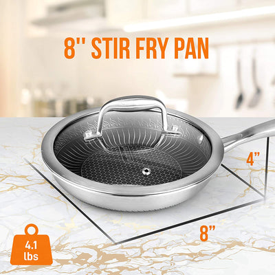 NutriChef 8 Inch Nonstick Triply Stainless Steel Kitchen Cookware Pan with Lid