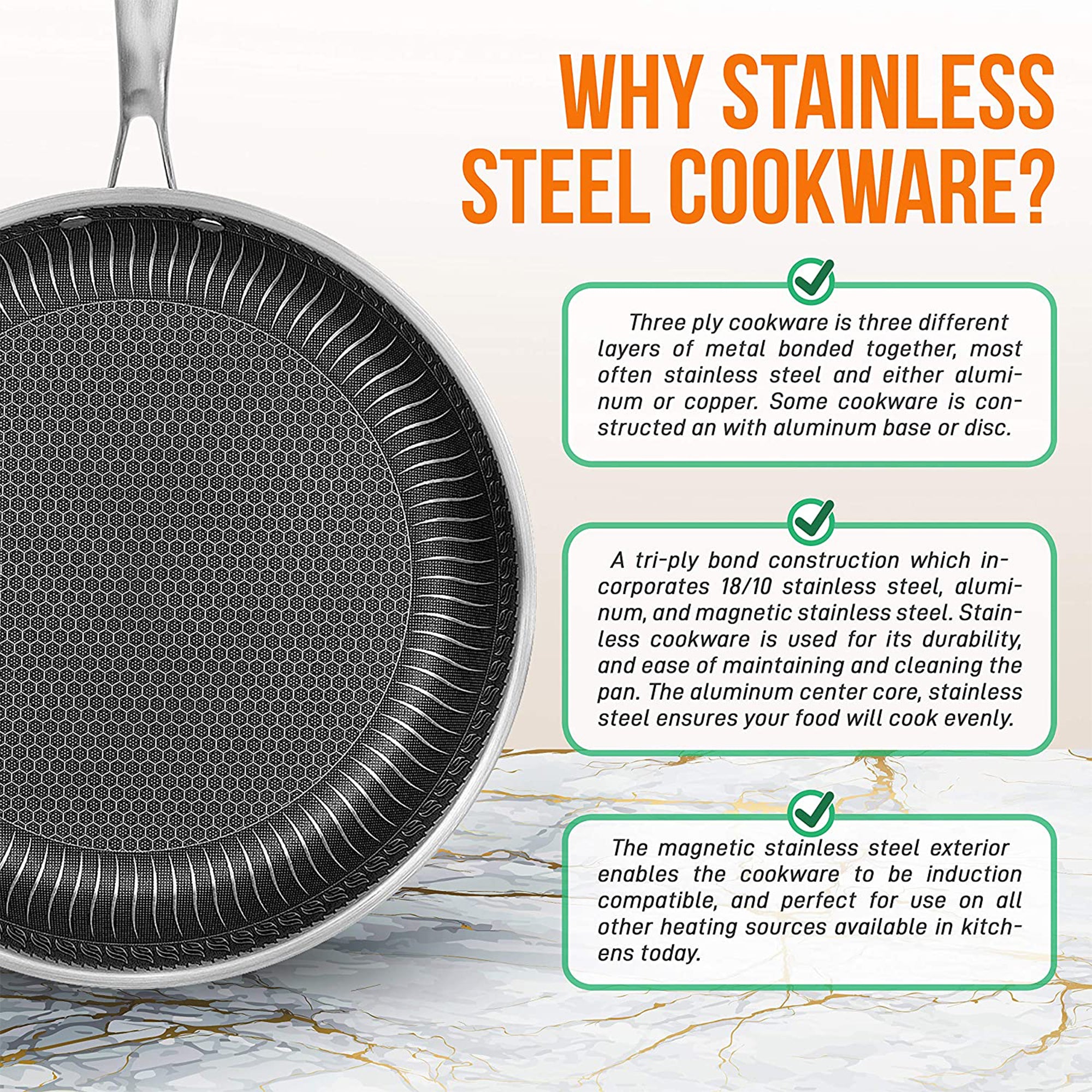 NutriChef 8in Nonstick Tri Ply Stainless Steel Pan & 8 Piece Nonstick Pan Set