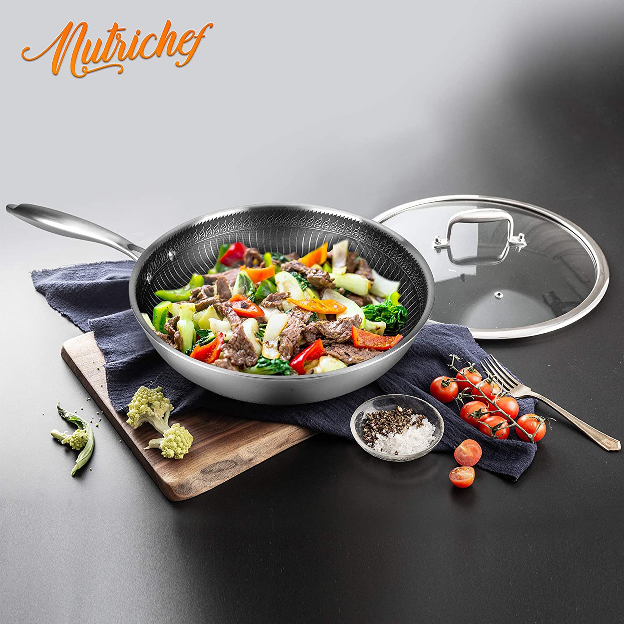 NutriChef 8in Nonstick Tri Ply Stainless Steel Pan & 8 Piece Nonstick Pan Set