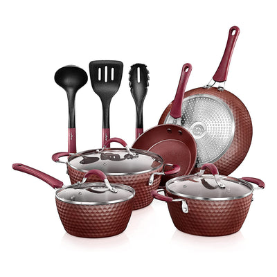 NutriChef 11 Pc Nonstick Diamond Pattern Kitchen Cookware Pot & Pan Set, (Used) - VMInnovations