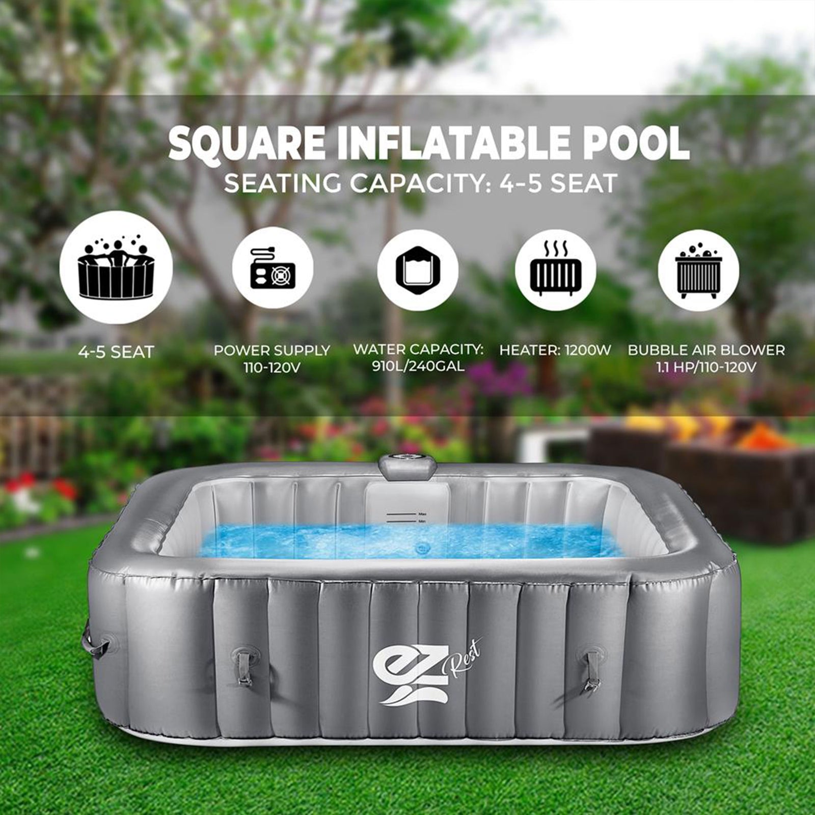 SereneLife Outdoor Portable 6 Person Inflatable Square Hot Tub with Bubble Jets - VMInnovations