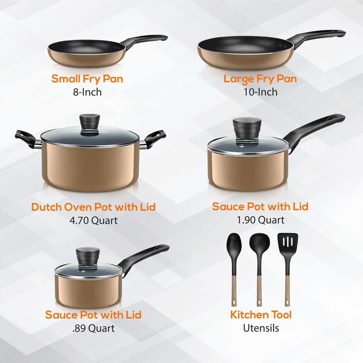 11 Piece Pots and Pans Non Stick Chef Kitchenware Cookware Set, Gold (Used)