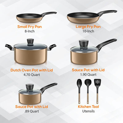 11 Piece Pots and Pans Non Stick Chef Kitchenware Cookware Set, Gold (Used)