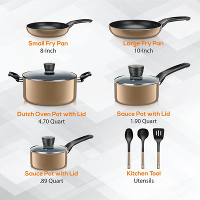 SereneLife 11 Piece Pots and Pans Non Stick Chef Kitchenware Cookware Set, Gold
