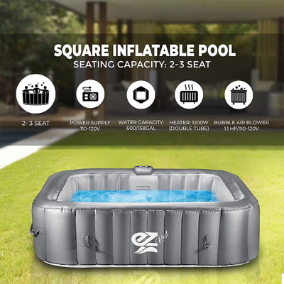 SereneLife Outdoor Portable 4 Person Inflatable Square Hot Tub with Bubble Jets