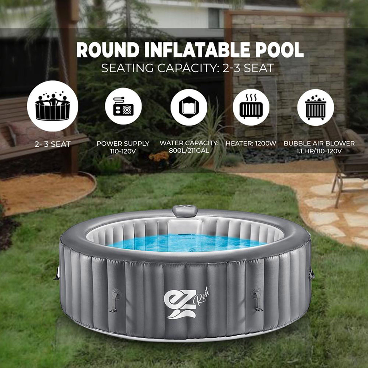 SereneLife 71 Inch Wide 25 Inch Tall 4 Person Inflatable Heated Pool w/ Remote