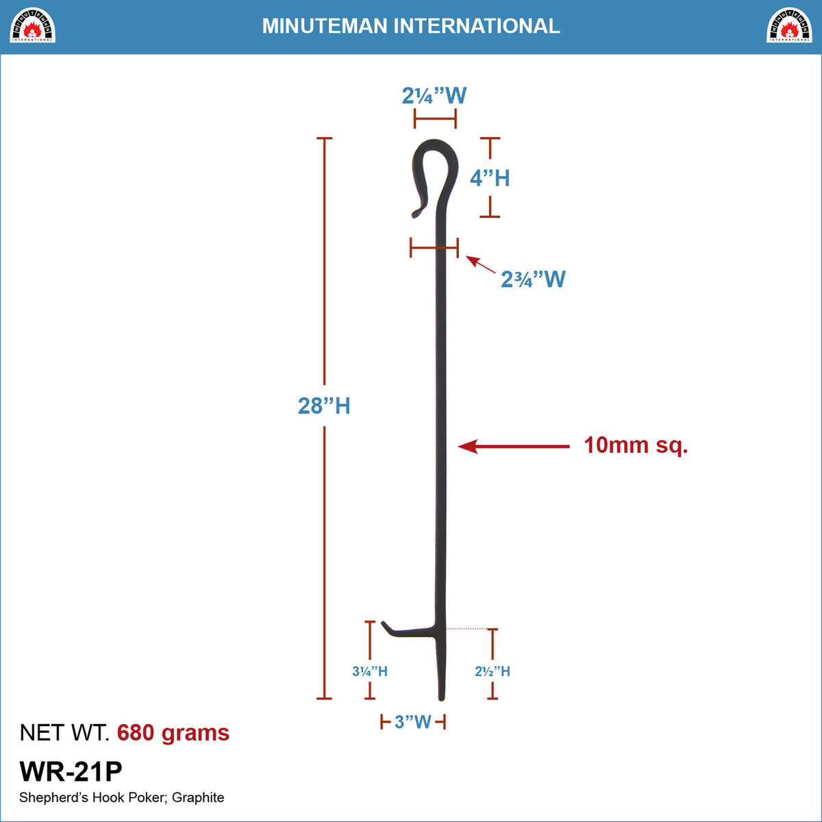 Minuteman International Shepherd's Hook Single Fireplace Poker Tool, Graphite