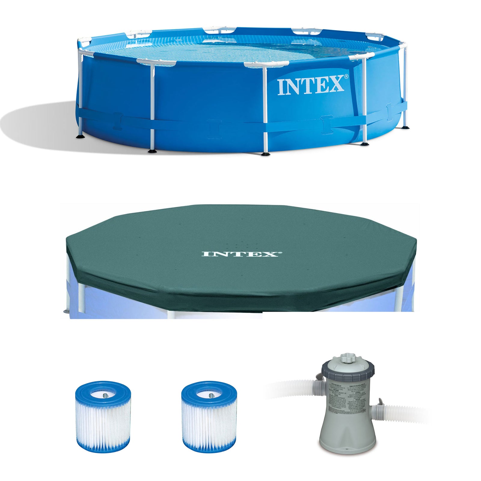 Intex 10 x 2.5 Foot Pool + Pool Cover + Filter Cartridge (2 Pack) + Filter Pump - VMInnovations