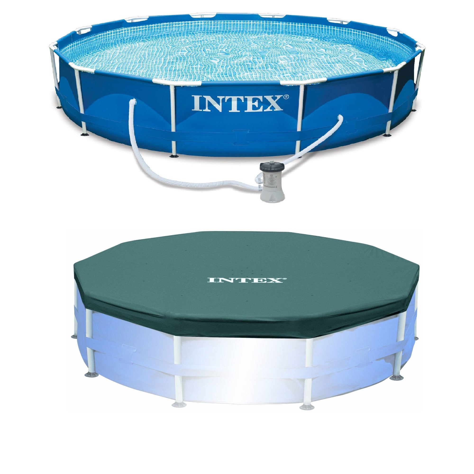 Intex 12' x 30" Metal Frame Above Ground Swimming Pool w/ Pool Cover Tarp, Blue