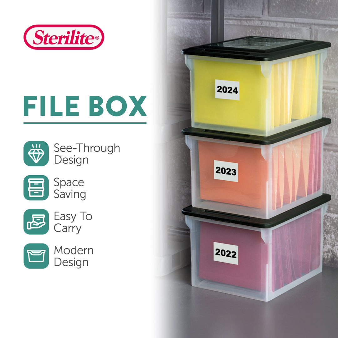 Sterilite File Box, Document Filing Storage Bin with Lid, Clear/Black, 4 Pack