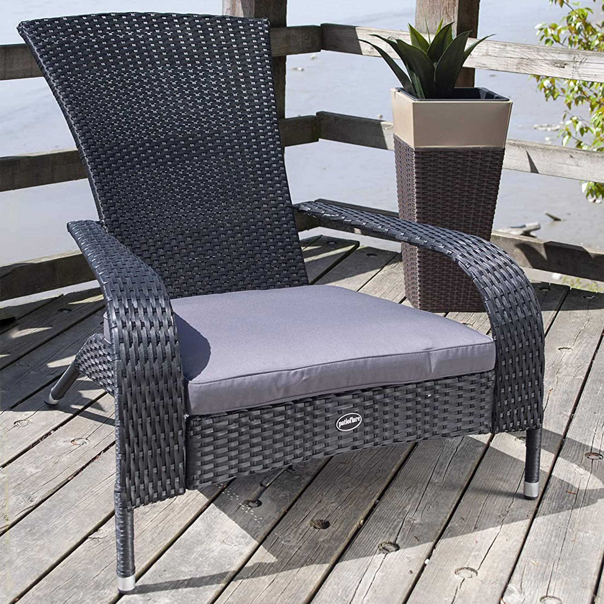 Patioflare Muskoka Outdoor Handwoven Wicker Chair with Dark Gray Cushion, Black