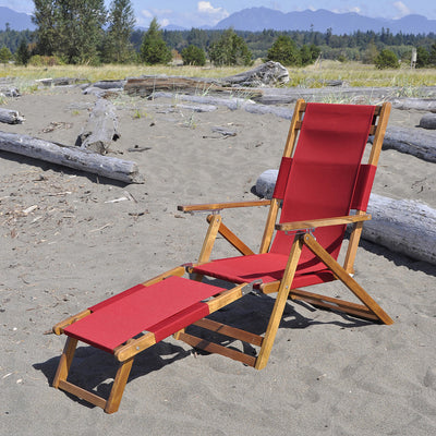 Patioflare Portable Outdoor All Weather Acacia Lounge Chair with Leg Rest, Red