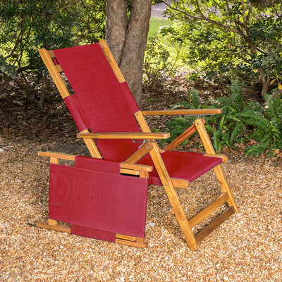 Patioflare Portable Outdoor All Weather Acacia Lounge Chair with Leg Rest, Red