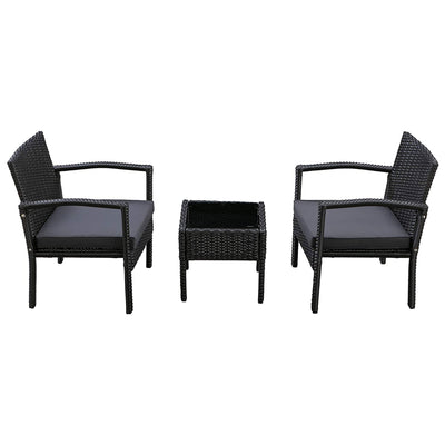 Patioflare Melody 3 Piece Black Wicker Outdoor Patio Chat Set with Gray Cushions