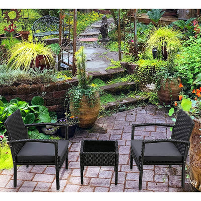 Patioflare Melody 3 Piece Black Wicker Outdoor Patio Chat Set with Gray Cushions