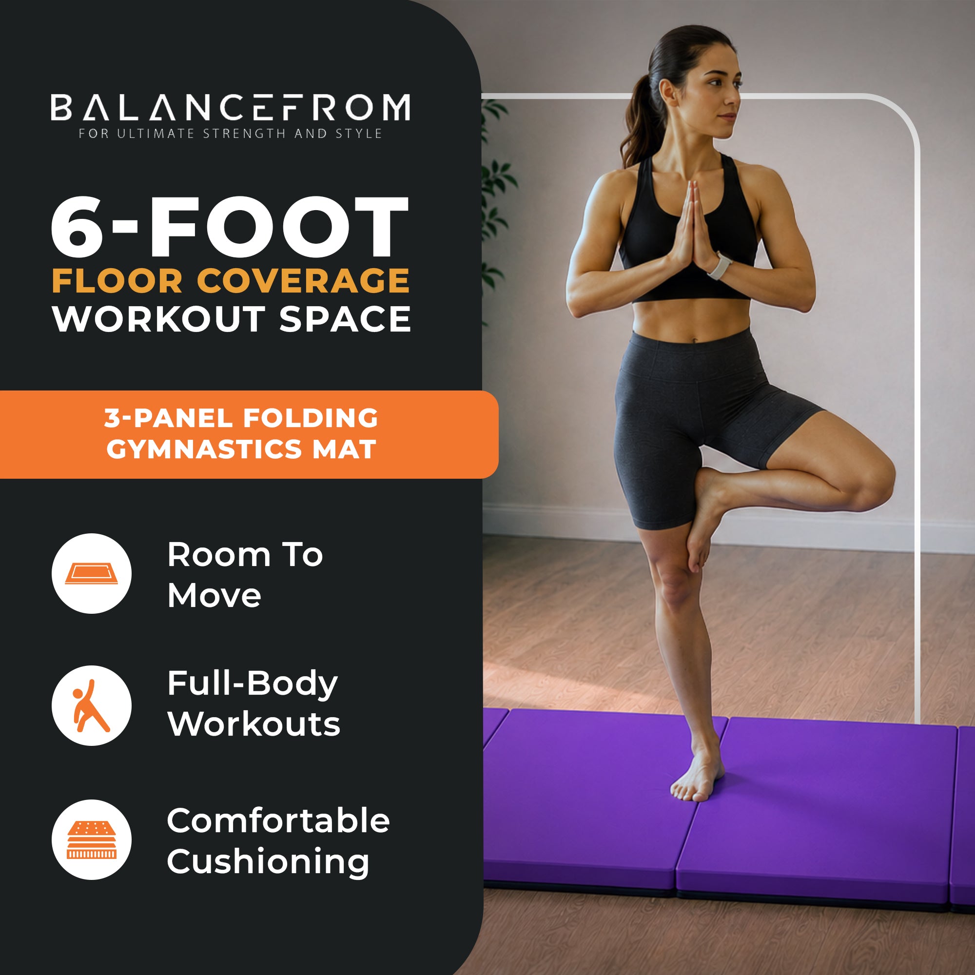 BalanceFrom Fitness GoGym 6x2ft Folding 3 Panel Exercise Mat w/Handles, Purple