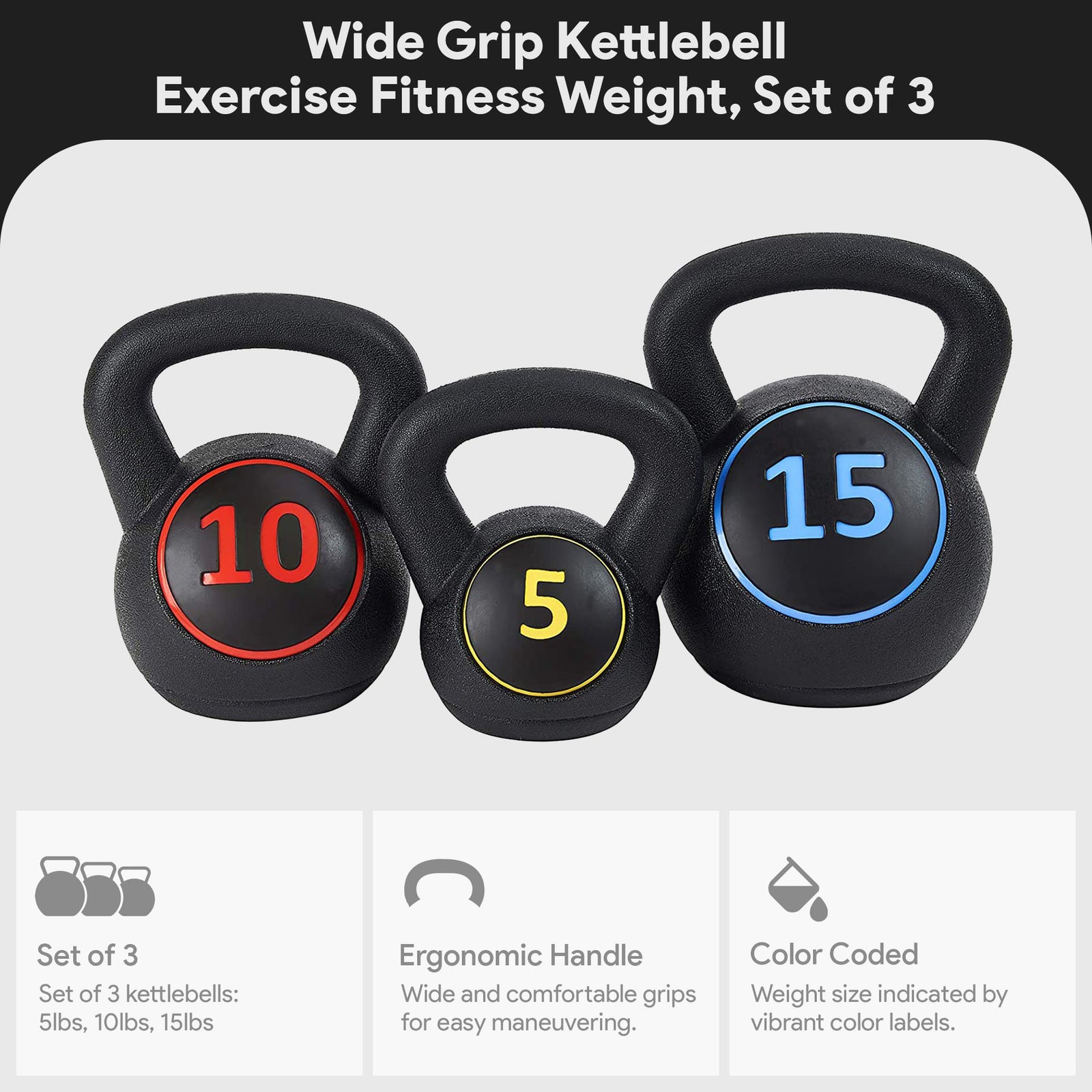 BalanceFrom Wide Grip Kettlebell Exercise Weights, 5, 10, and 15Lb (Open Box) - VMInnovations