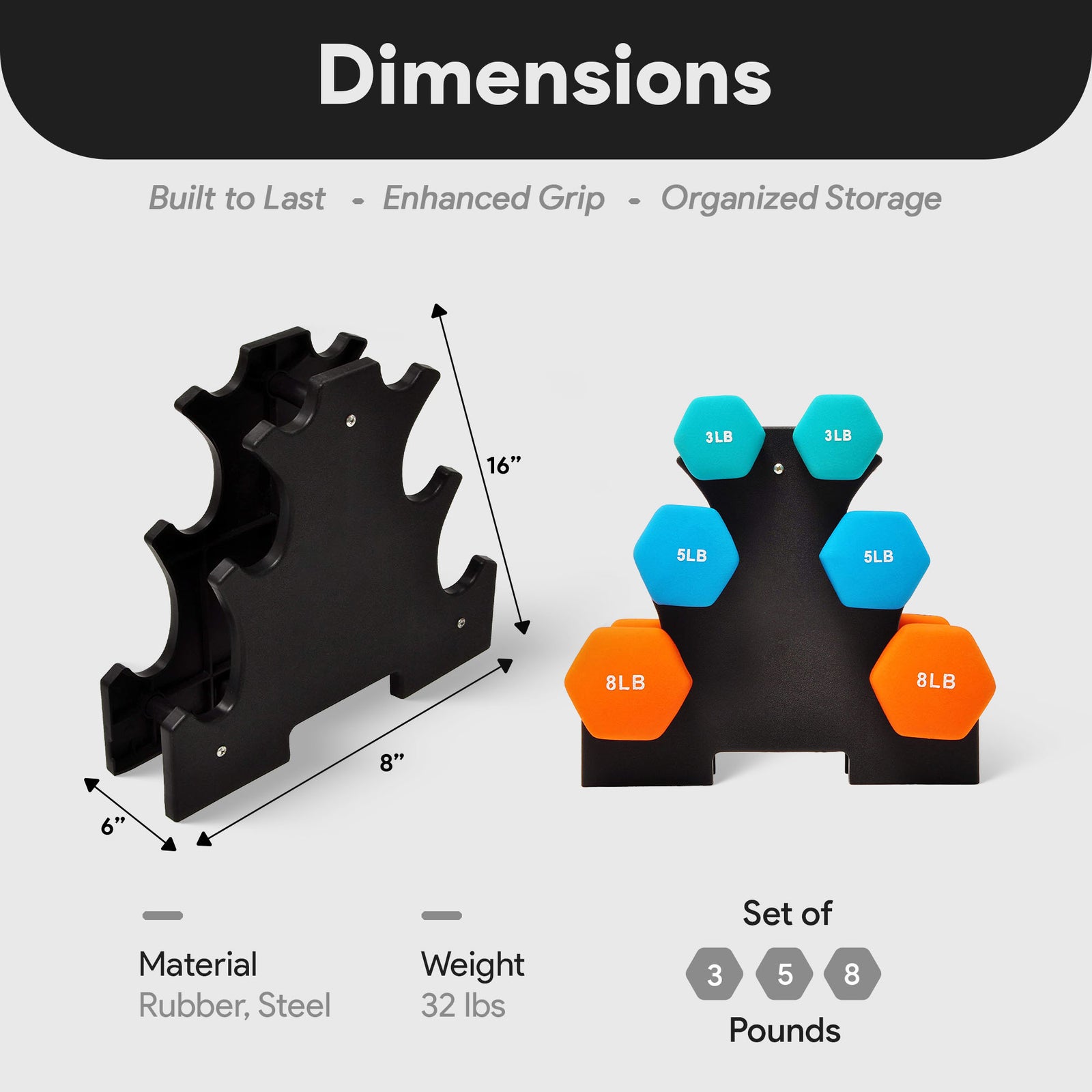 BalanceFrom Set of 3 Neoprene Dumbbell Set with Stand, 3Lb, 5Lb, and 8Lbs (Used) - VMInnovations