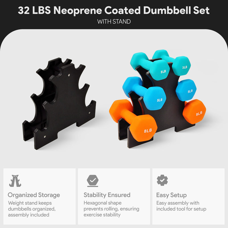 BalanceFrom Set of 3 Neoprene Coated Dumbbell Set with Stand, 3Lb, 5Lb, and 8Lbs