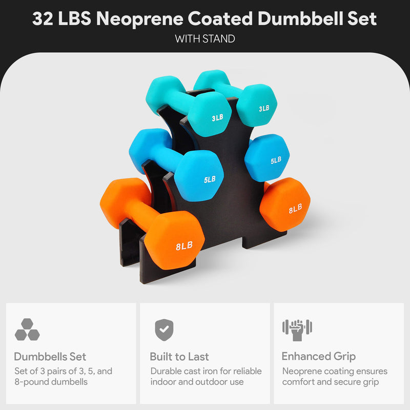 BalanceFrom Set of 3 Neoprene Coated Dumbbell Set with Stand, 3Lb, 5Lb, and 8Lbs