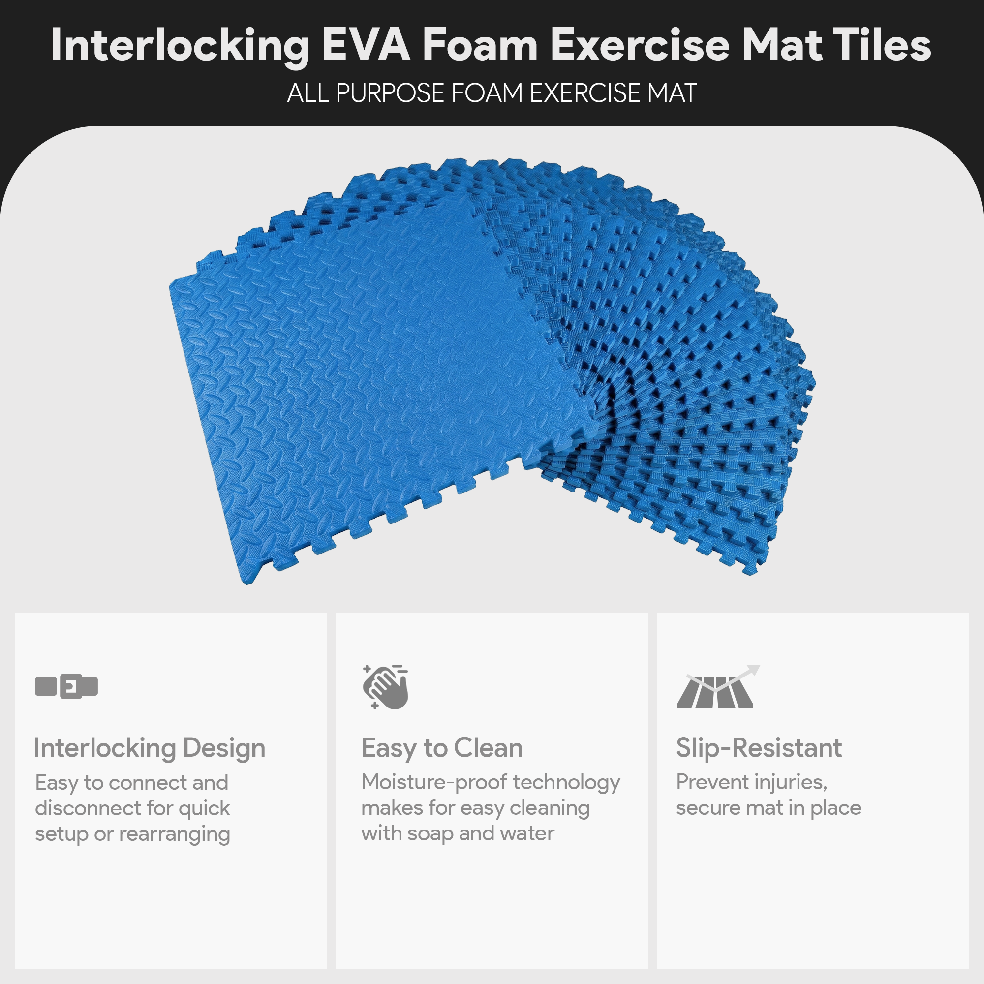 BalanceFrom Fitness 96 Sq Ft Interlocking EVA Foam Exercise Mat Tiles, Blue - VMInnovations