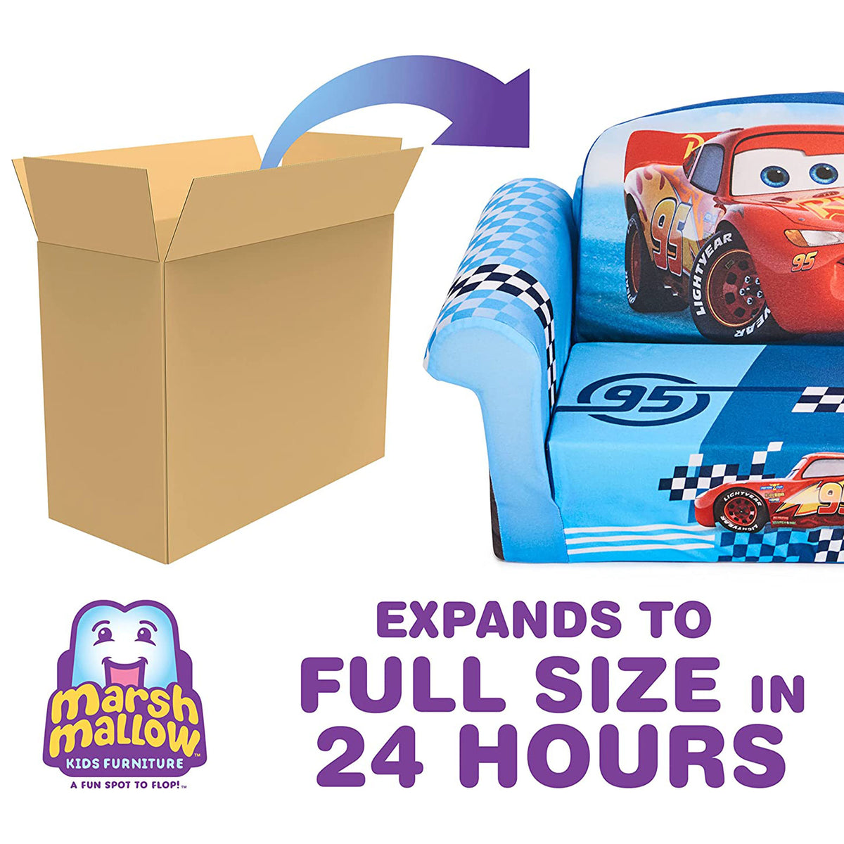 Marshmallow Furniture 2 Pack Kids 2-in-1 Flip Open Foam Couch Sofa Bed, Cars