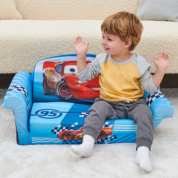 Marshmallow Furniture Kids 2-in-1 Flip Open Foam Compressed Couch Sofa Bed, Cars