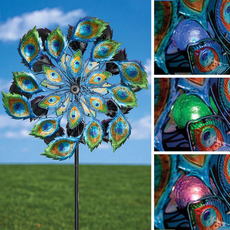 Bits and Pieces Outdoor Solar Peacock Wind Spinner Solar LED Light Lawn Ornament