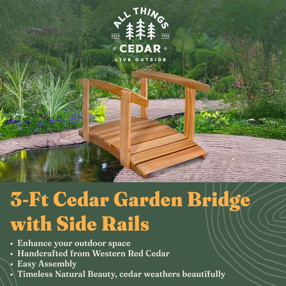 All Things Cedar 3 Foot Natural Bridge with Side Rails (Open Box) - VMInnovations