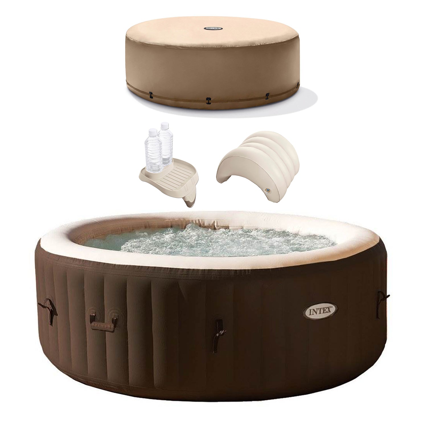 Intex PureSpa 4 Person Inflatable Hot Tub w/ Cover, Cup Holder & Headrest Pillow