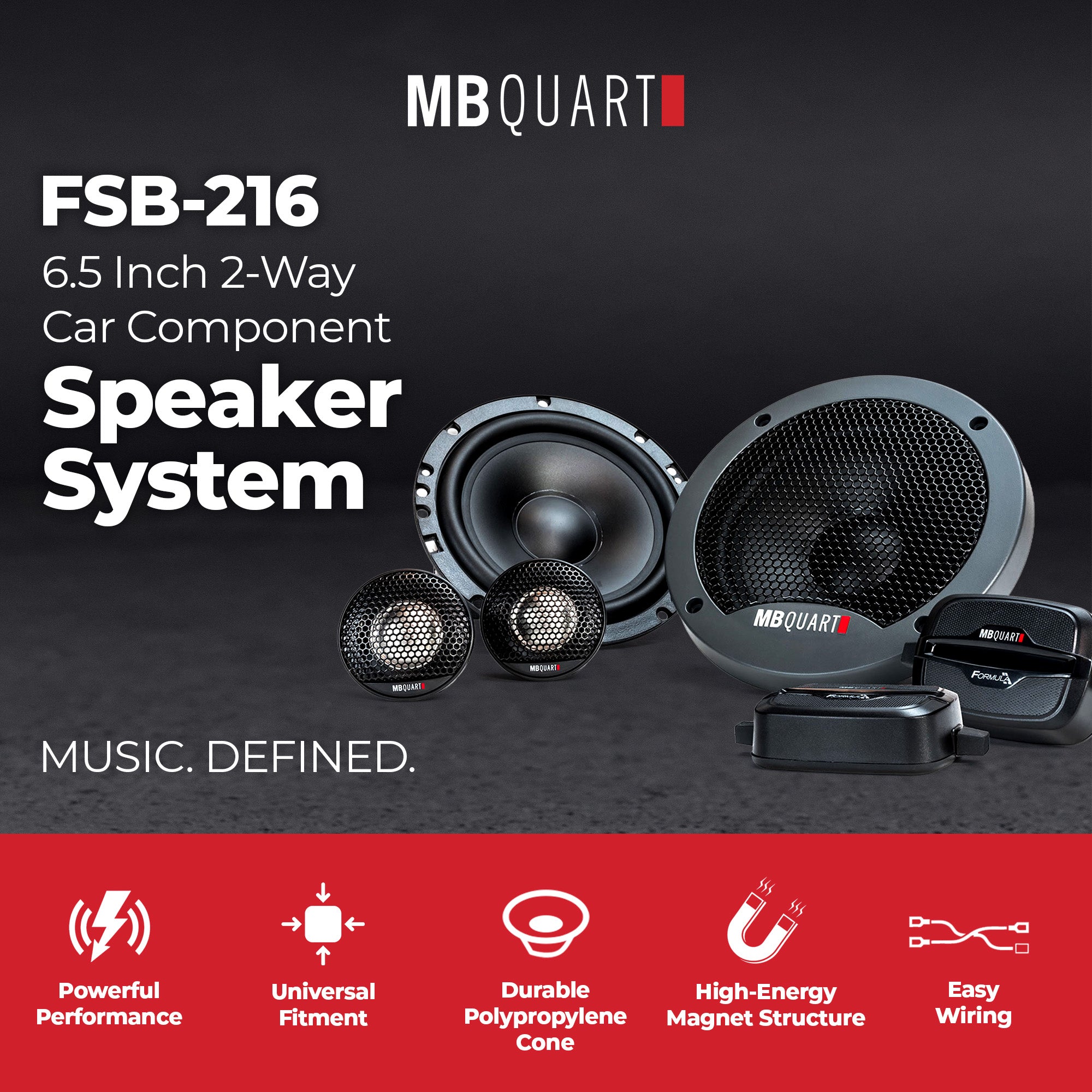 MB Quart FSB-216 6.5 Inch 2-Way Car Component Speakers, 150W Peak Power, Black - VMInnovations