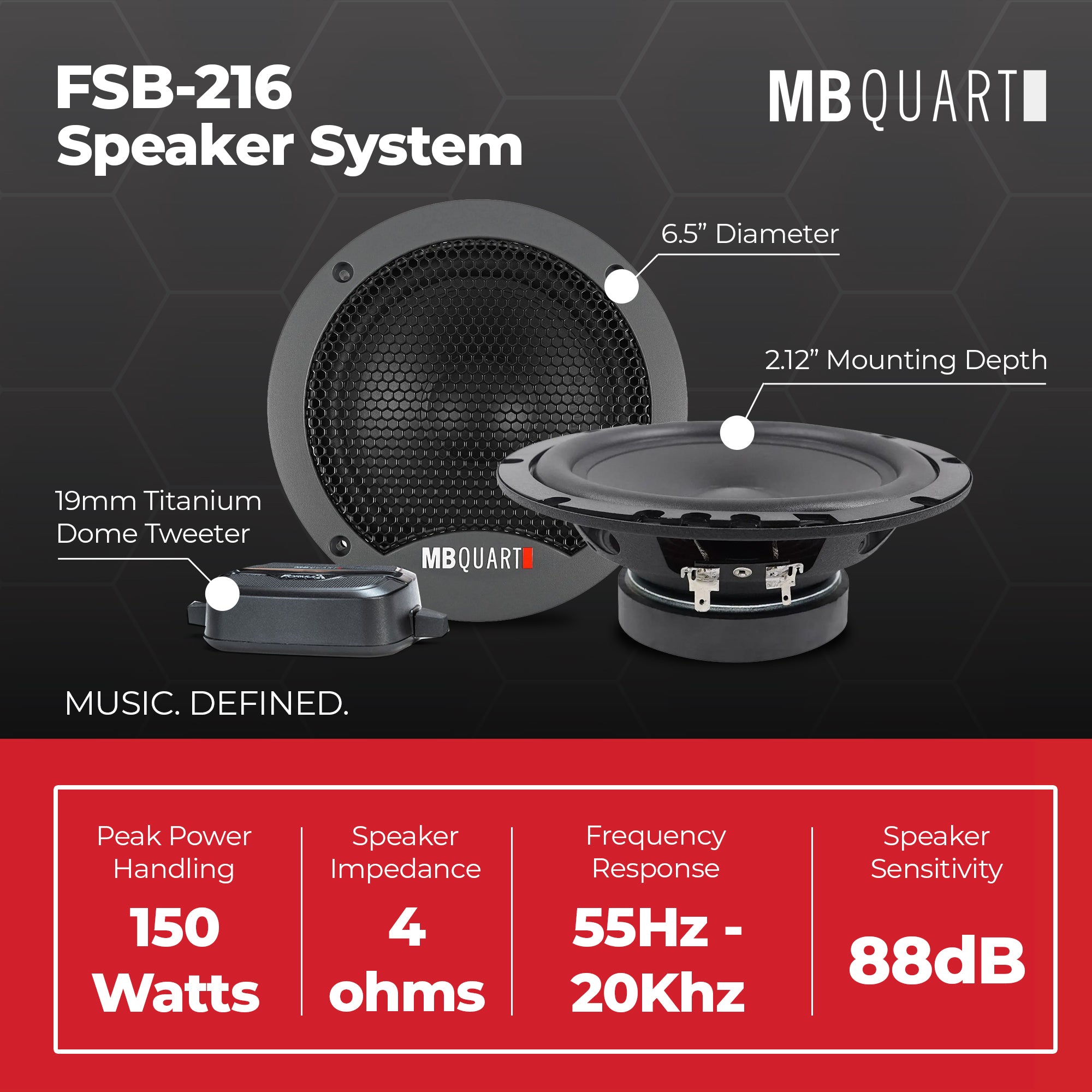 MB Quart FSB-216 6.5 Inch 2-Way Car Component Speakers, 150W Peak Power, Black - VMInnovations