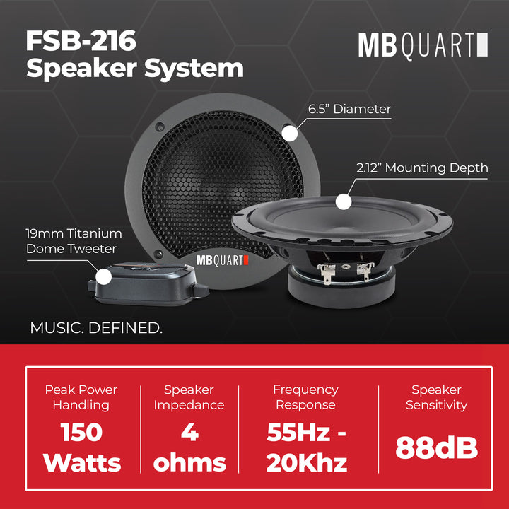 MB Quart FSB-216 6.5 Inch 2-Way Car Component Speakers, 150W Peak Power, Black