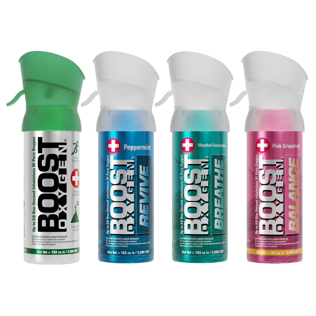 Boost Oxygen 3 Liter Pocket Sized Canned Oxygen Bottles w/Mouthpieces, 4 Flavors - VMInnovations
