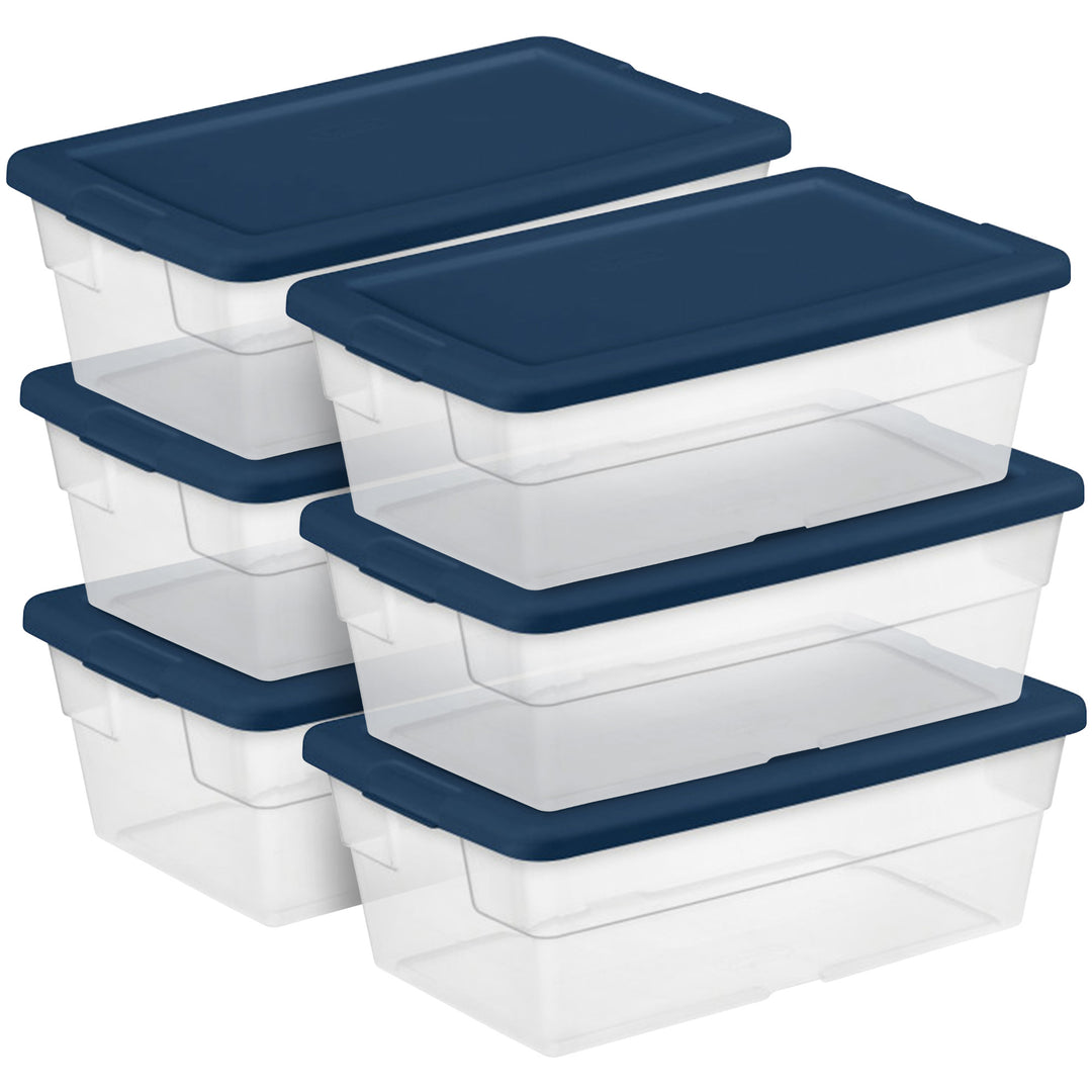 Sterilite Stackable 6 Qt Storage Box Container, Clear, Marine Blue Lid (30 Pack)