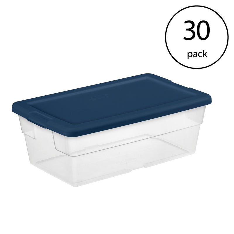 Sterilite Stackable 6 Qt Storage Box Container, Clear, Marine Blue Lid (30 Pack)