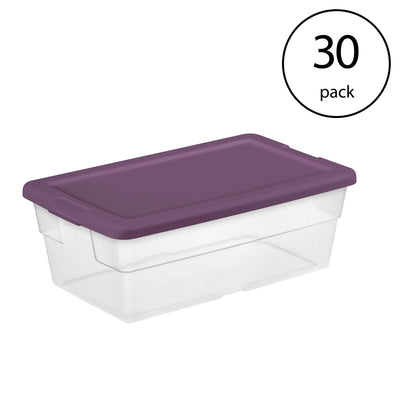 Sterilite Stackable 6 Qt Storage Box Container, Clear, Moda Purple Lid (30 Pack)